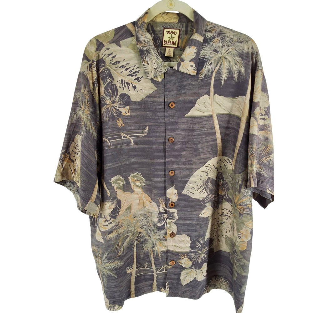 Tommy Bahama Mens L Grey Silk Hawaiian Camp Shirt Hula Palm Tree Print